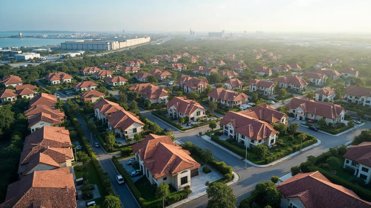AI-generated illustration of a housing estate with tiled roofs near a coastal industrial zone