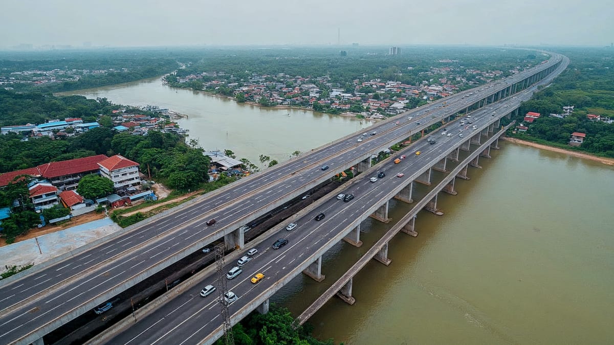 AI-generated illustration of an elevated expressway beside a river, seen from above