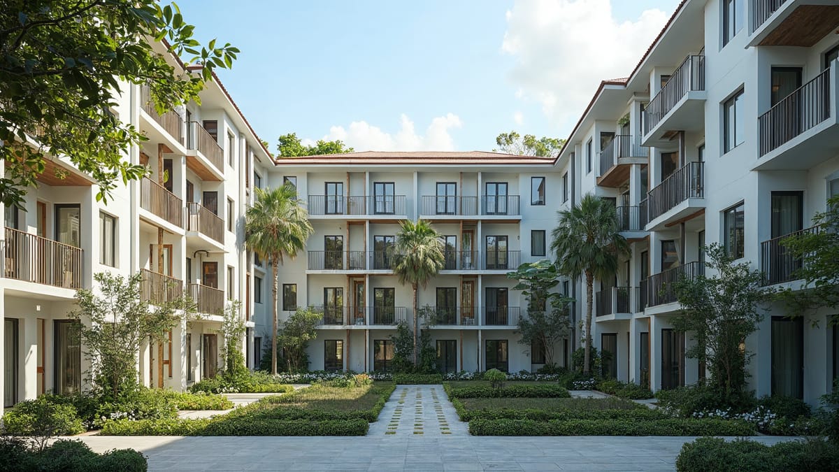 AI-generated illustration of a five-storey rental apartment complex with a landscaped courtyard